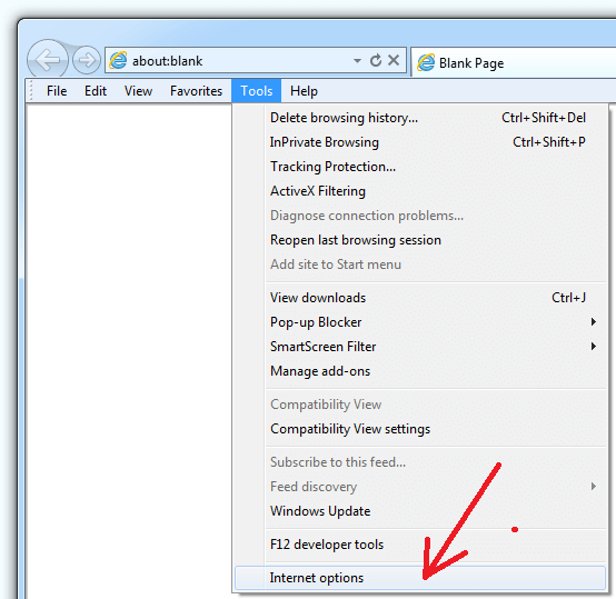 'Tools Internet Options' IE menu item