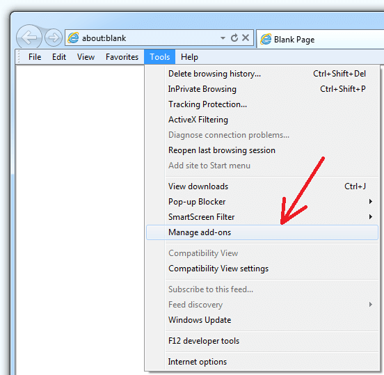 'Tools Manage add-ons' IE menu item